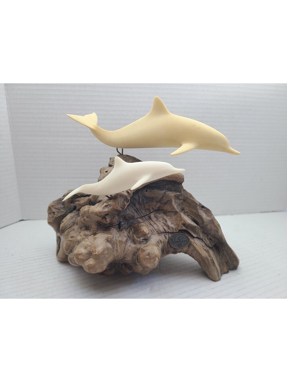 John Perry Art Pellucida Burlwood Dolphin Mother And Calf Sculpture Gorgeous!
